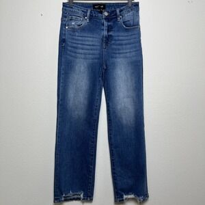 Risen x Social Thread Women Jeans 29 Straight Leg Ankle Dark Wash Stretch Frayed